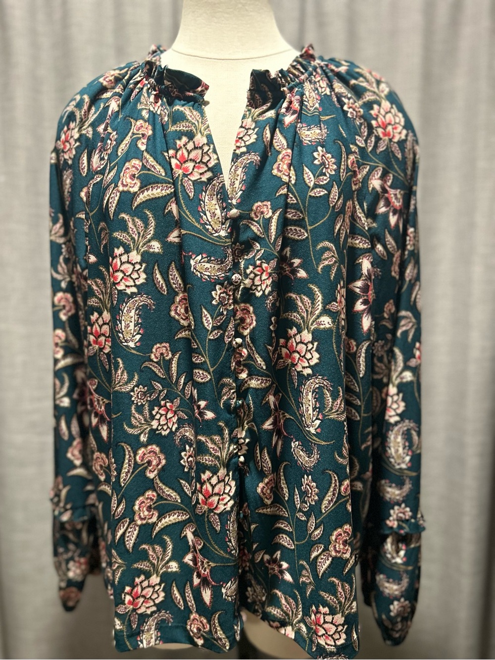 Wonderly Teal Floral Button-Front Peasant Blouse